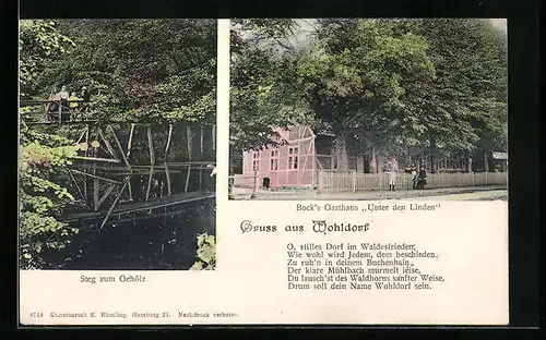 AK Hamburg-Wohldorf, Bock`s Gasthaus Unter den Linden, Steg zum Gehölz