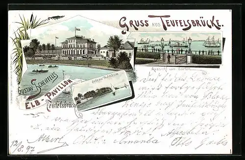 Lithographie Hamburg-Teufelsbrücke, Elb-Pavillon mit Aussicht vom Garten