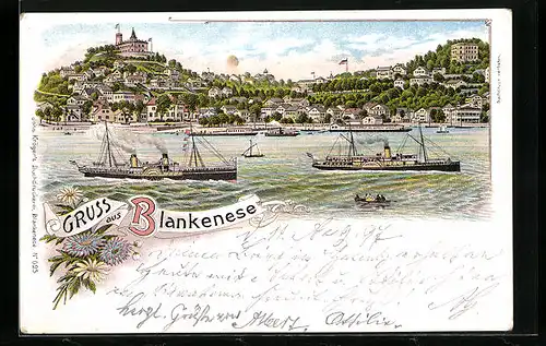 Lithographie Hamburg-Blankenese, Ortsansicht mit Dampfern