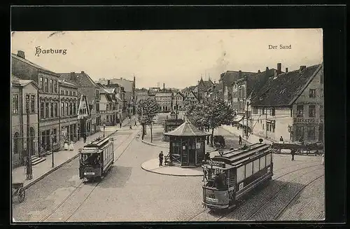 AK Harburg, Der Sand mit Strassenbahnen