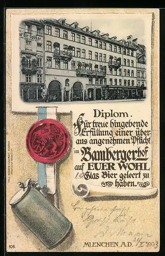 Präge-AK München, Gasthaus Bambergerhof, Trinker-Diplom, Siegel und Bierkrug