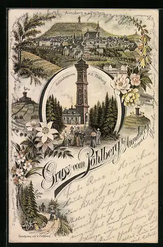 Lithographie Annaberg i. Erzgeb., Aussichtsturm auf dem Pöhlberg, Ortsansicht