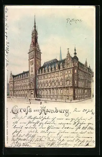 Lithographie Hamburg, Rathaus, Halt gegen das Licht: beleuchtete Fenster
