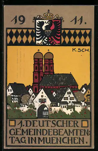 Steindruck-AK München, 1. Deutscher Gemeindebeamtentag 1911, Frauenkirche