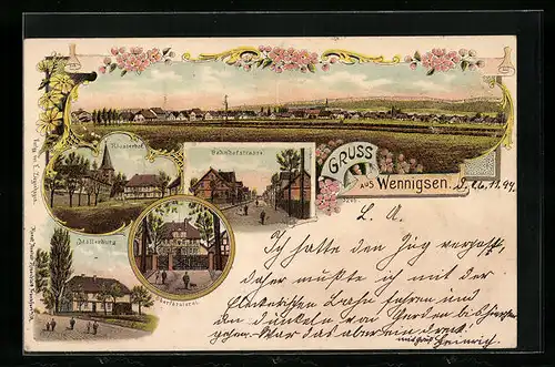 Lithographie Wennigsen, Klosterhof, Bahnhofstrasse, Möllerburg, Oberförsterei, Totalansicht