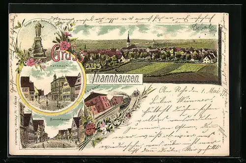 Lithographie Thannhausen, Christof von Schmid Denkmal, Rathaus, Bahnhofstrasse, Totalansicht
