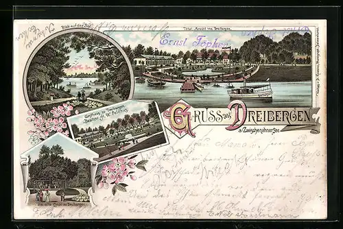 Lithographie Dreibergen /Zwischenahner See, Blick auf den See, Gasthaus zu Dreibergen, Alte Linde