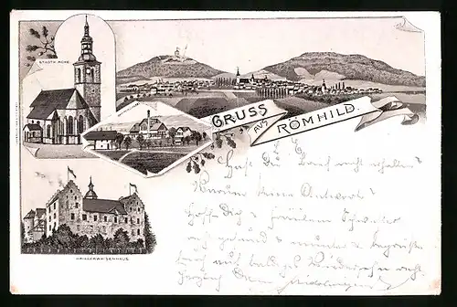 Lithographie Römhild, Stadtkirche, Kriegerwaisenhaus, Dampfmolkerei