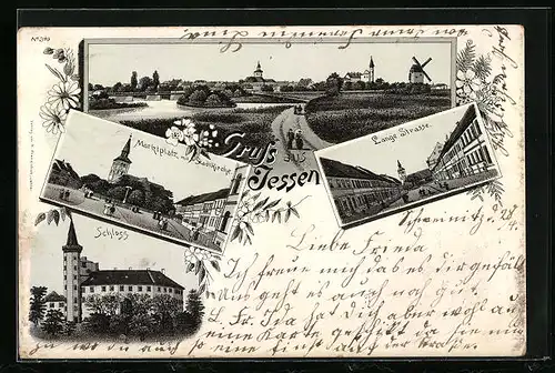 Lithographie Jessen, Marktplatz mit Stadtkirchen, Schloss, Lange Strasse, Totalansicht