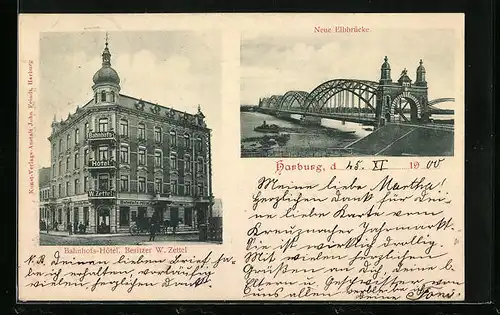 AK Harburg, Bahnhofs-Hotel von W. Zettel, Neue Elbbrücke
