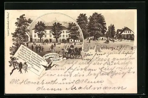 Lithographie Bad Rehburg, Menckes Hotel, Strassenpartie