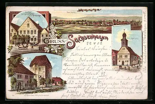 Lithographie Sachsenhagen, Gasthof zum Stadtkeller, Altes Schloss, Rathaus