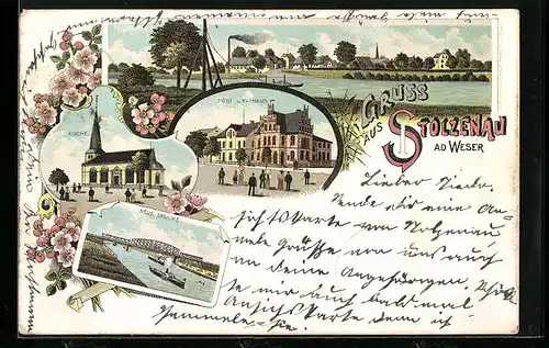 Lithographie Stolzenau a. d. Weser, Post und Rathaus, Neue Brücke, Kirche