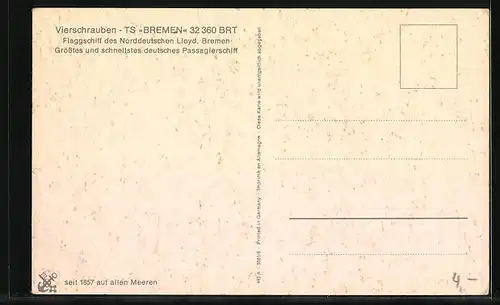 AK Passagierschiff TS Bremen, Flaggschiff des Nordd. Lloyds Bremen