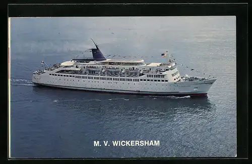 AK Fährschiff MV Wickersham in Flaggengala aus der Vogelschau