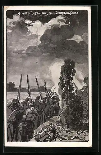 Künstler-AK Erfolglose Beschiessung einer Deutschen Taube durch französische Infanterie