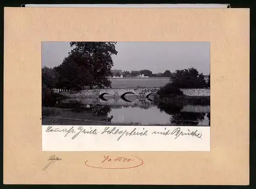 Fotografie Brück & Sohn Meissen, Ansicht Grillenburg, Schlossteich mit Brücke