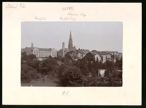 Fotografie Brück & Sohn Meissen, Ansicht Löbau i. Sa., Blick auf die Stadt mit Bürgershule, Wendische u. Nicolai Kirche