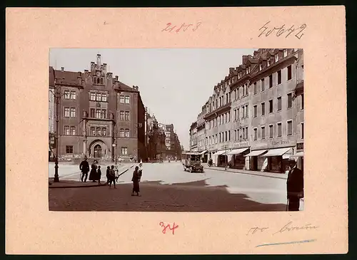 Fotografie Brück & Sohn Meissen, Ansicht Mittweida i. Sa., Markt mit Amtsgericht, Kaffee Greif, Handlung Albert Braun