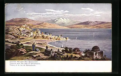 Künstler-AK Friedrich Perlberg: Tiberias, Ortsansicht mit See Genezareth