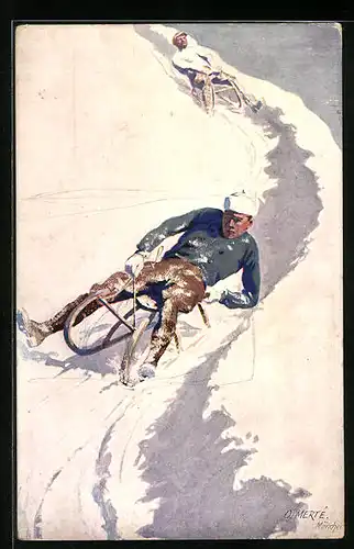 Künstler-AK O. Merte: Rodler bei rasanter Abfahrt