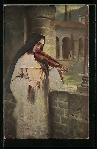 Künstler-AK Hermann Kaulbach: Nonne im Kreuzgang spielt Violine