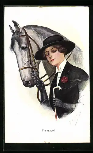 Künstler-AK Friedrich Kaskeline: Hübsche Reiterin mit ihrem Pferd