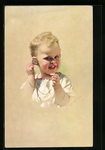 Künstler-AK Ludwig Knoefel: Kleines Kind mit einer Taschenuhr