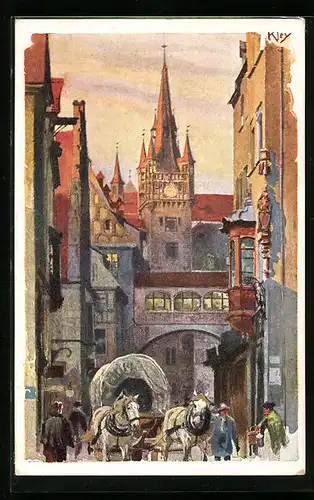 Künstler-AK Heinrich Kley: Nürnberg, Strasse Rathausgasse mit Tor und Pferdewagen