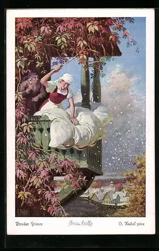 Künstler-AK Otto Kubel: Brüder Grimm, Frau Holle, Mädchen schüttelt das Bett auf, Märchen