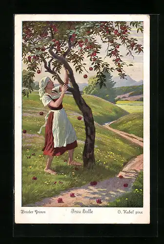 Künstler-AK Otto Kubel: Brüder Grimm, Frau Holle, Mädchen schüttelt die Äpfel vom Baum, Märchen
