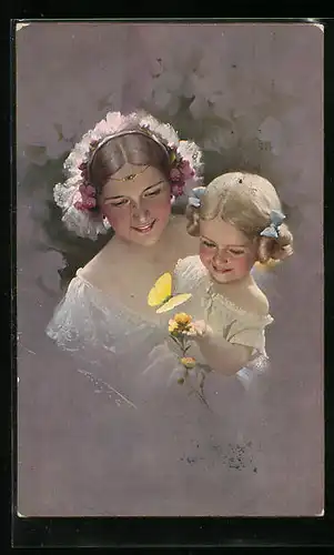 Künstler-AK Ludwig Knoefel: Junge Frau und Mädchen mit Schmetterling