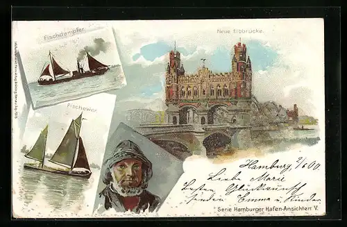 AK Hamburg-Rothenburgsort, Neue Elbbrücke, Fischdampfer und Fischewer mit Seemann