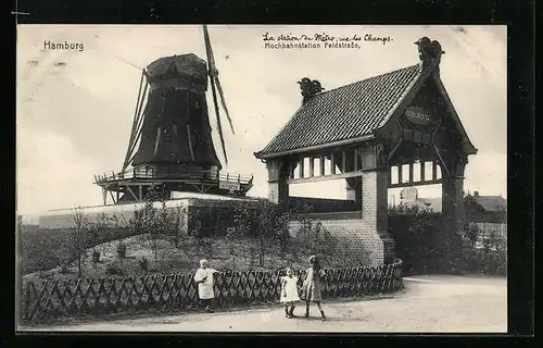 AK Hamburg-St.Pauli, Hochbahnstation Feldstrasse mit Windmühle