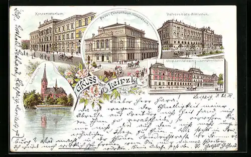 Vorläufer-Lithographie Leipzig, 1894, Neues Concerthaus, Konservatorium, Universitäts-Bibliothek