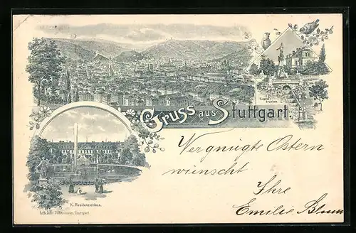 Lithographie Stuttgart, Ortsansicht aus der Vogelschau, K. Residenzschloss