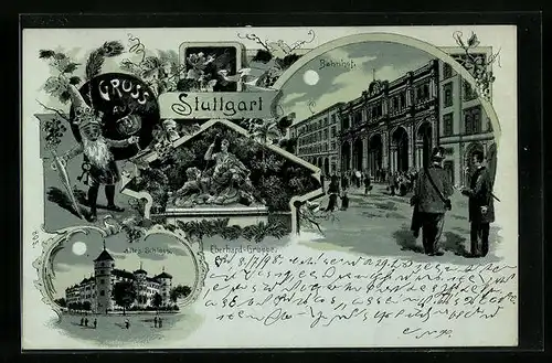 Mondschein-Lithographie Stuttgart, Bahnhof und Altes Schloss