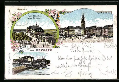 Lithographie Dresden, Altmarkt mit Siegesdenkmal, Gasthaus Feldschlösschen, Pächter: Otto Scheibe