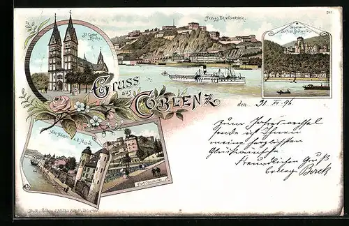 Lithographie Coblenz, Festung Ehrenbreitstein, St. Castor-Kirche, Fort Constantin