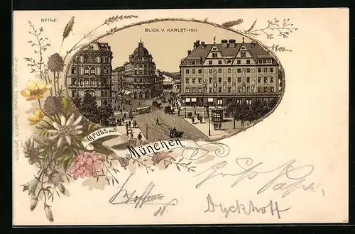 Lithographie München, Blick vom Karlstor mit Strassenbahn