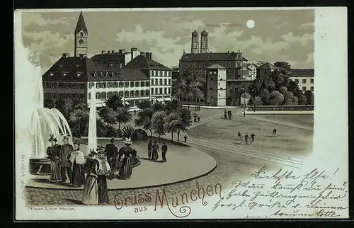 Mondschein-Lithographie München, Sendlingertorplatz mit Springbrunnen