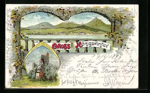 Lithographie Königswinter, Ortsansicht mit Burgruine