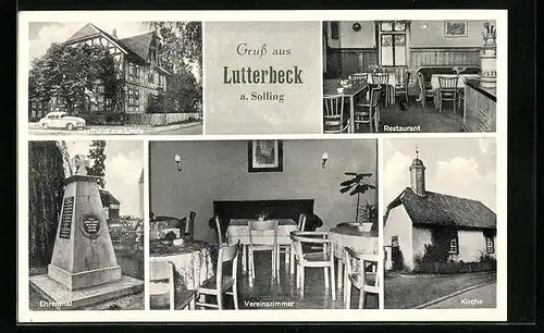 AK Lutterbeck a. Solling, Gasthaus zur Linde, Kirche und Ehrenmal