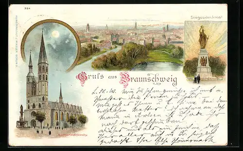 Lithographie Braunschweig, Ortsansicht, Siegesdenkmal und Katharinenkirche