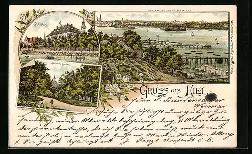 Lithographie Kiel, Totalansicht, Kgl. Schloss und Schlossgarten