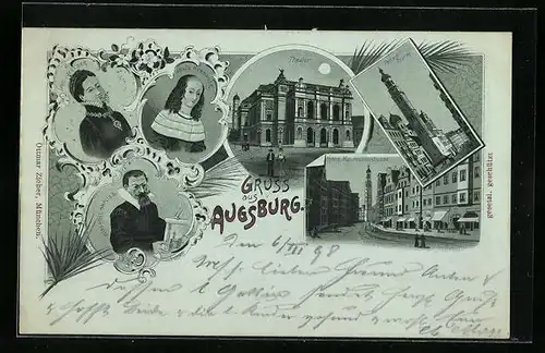 Mondschein-Lithographie Augsburg, Theater, Perlachturm, Untere Maximilianstrasse und Porträts Augsburger Bürger