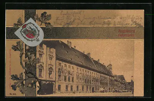 AK Augsburg, Fuggerhaus mit Strassenpartie und Wappen