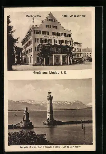 AK Lindau i. B., Hotel Lindauer Hof mit Aussicht von der Terrasse auf die Hafeneinfahrt und den Bodensee