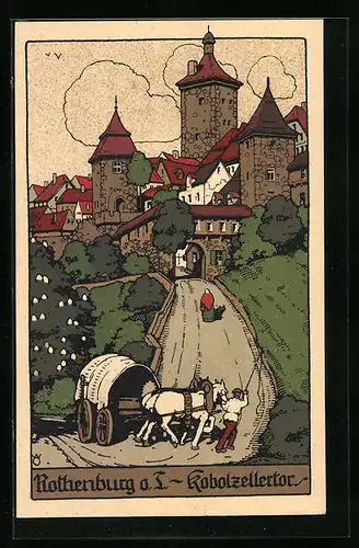 Steindruck-AK Rothenburg o. T., Kobolzellertor mit Planwagen