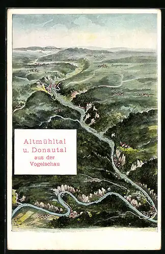 Künstler-AK Eugen Felle: Riedenburg, Altmühltal und Donautal aus der Vogelschau